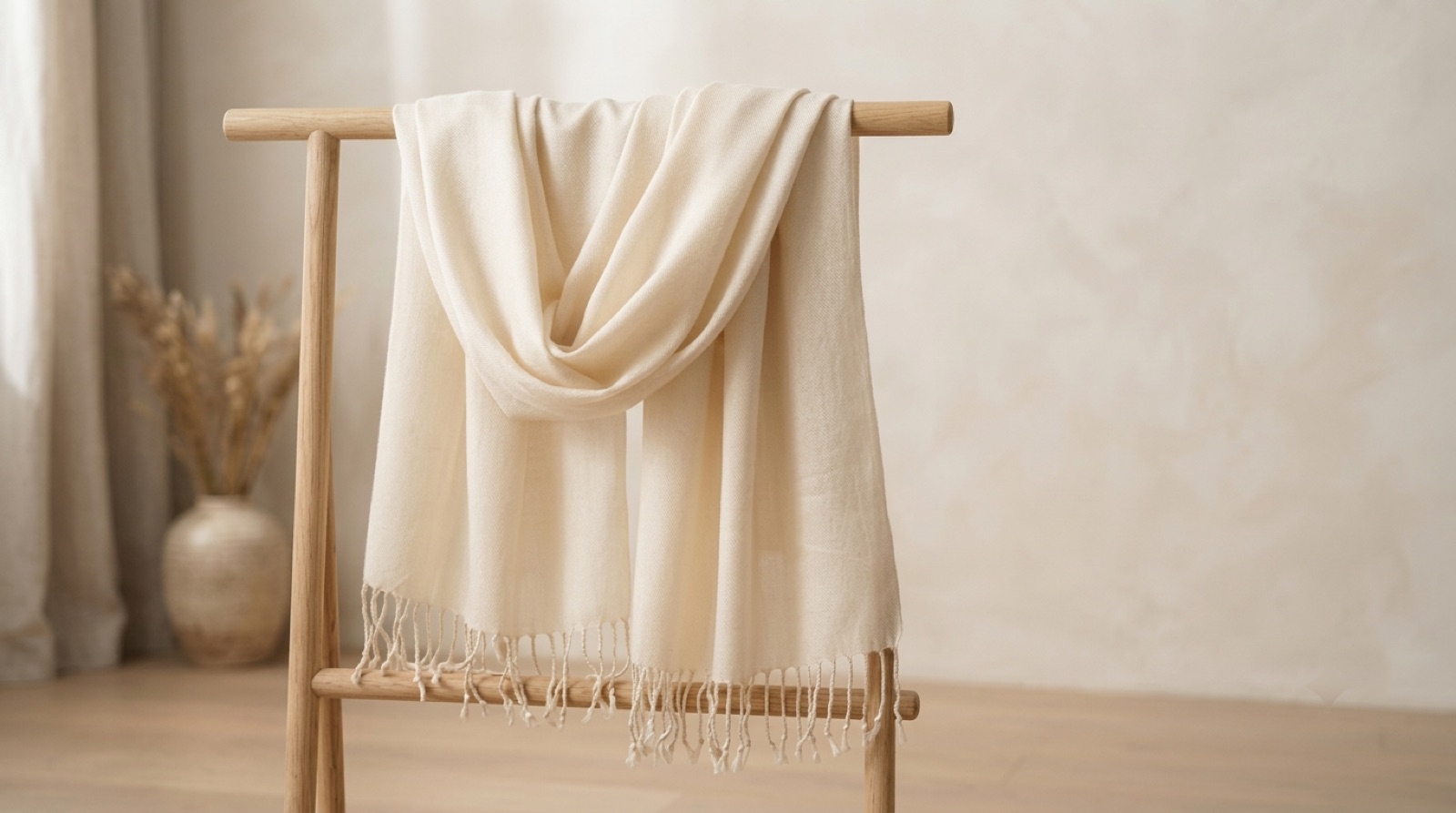 Handwoven cream pashmina shawl draped over a wooden rack