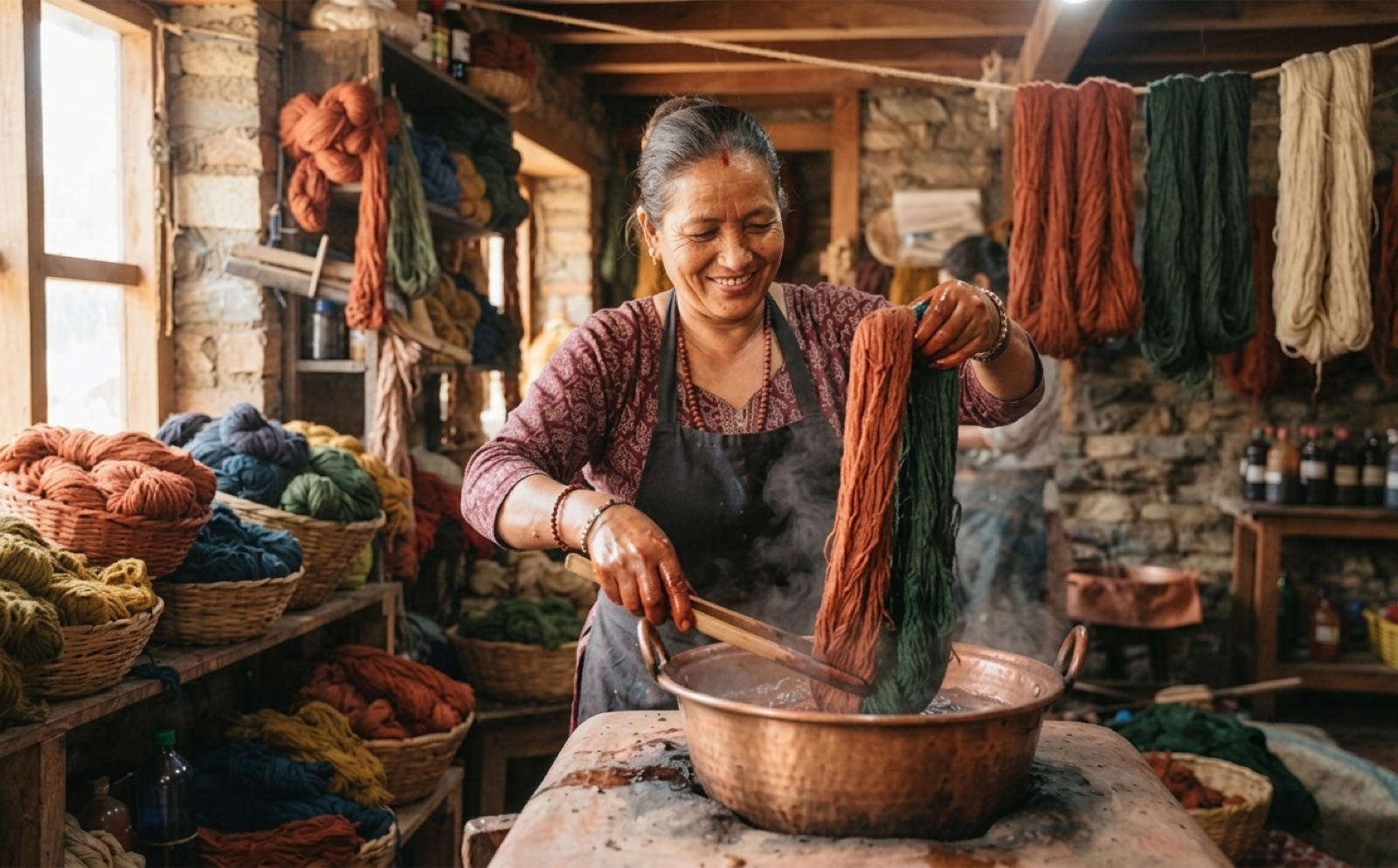 Artisan dyeing skeins of wool yarn in a copper pot
