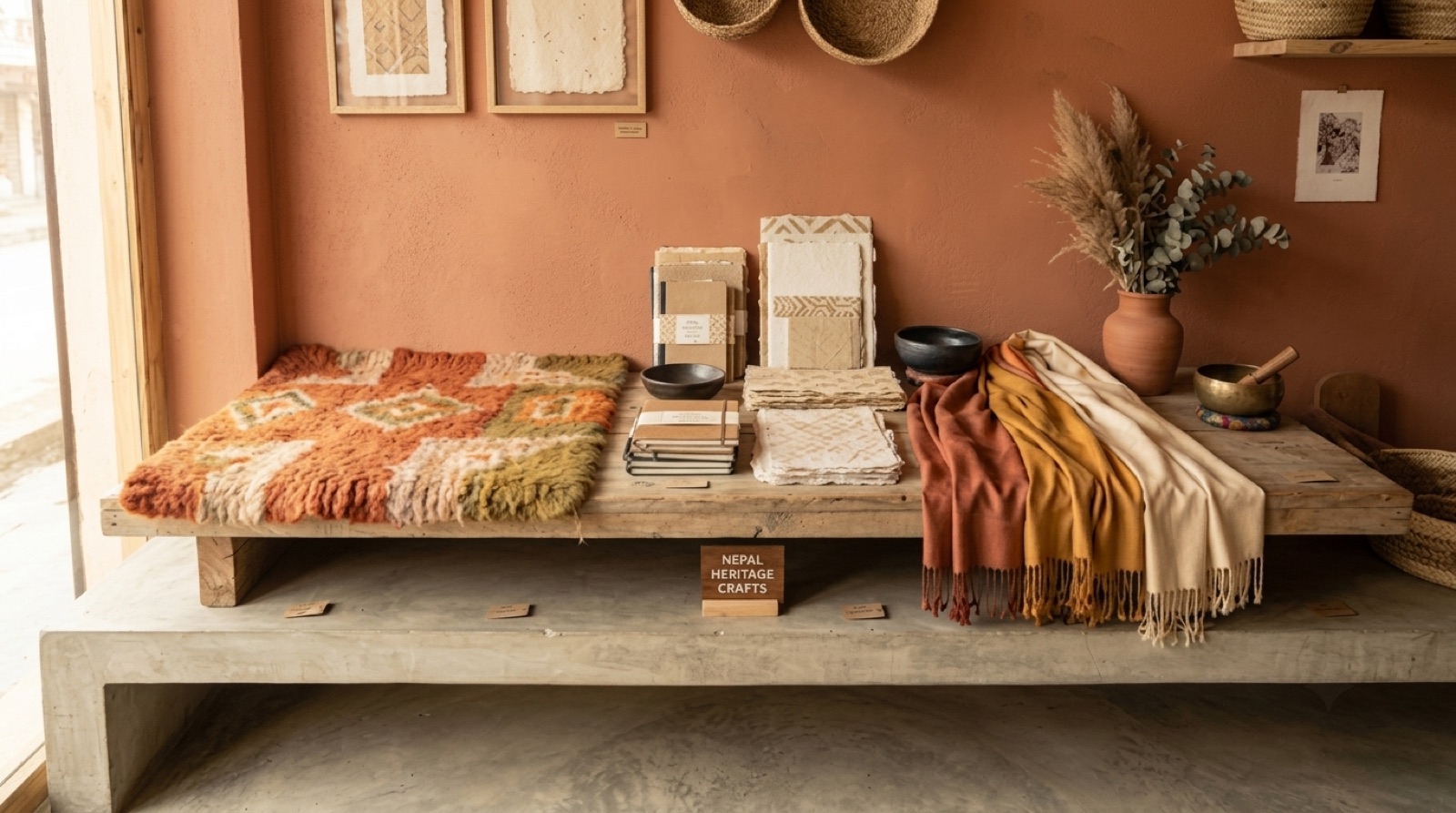 Display of Nepali heritage crafts including rugs, throws, and handmade paper