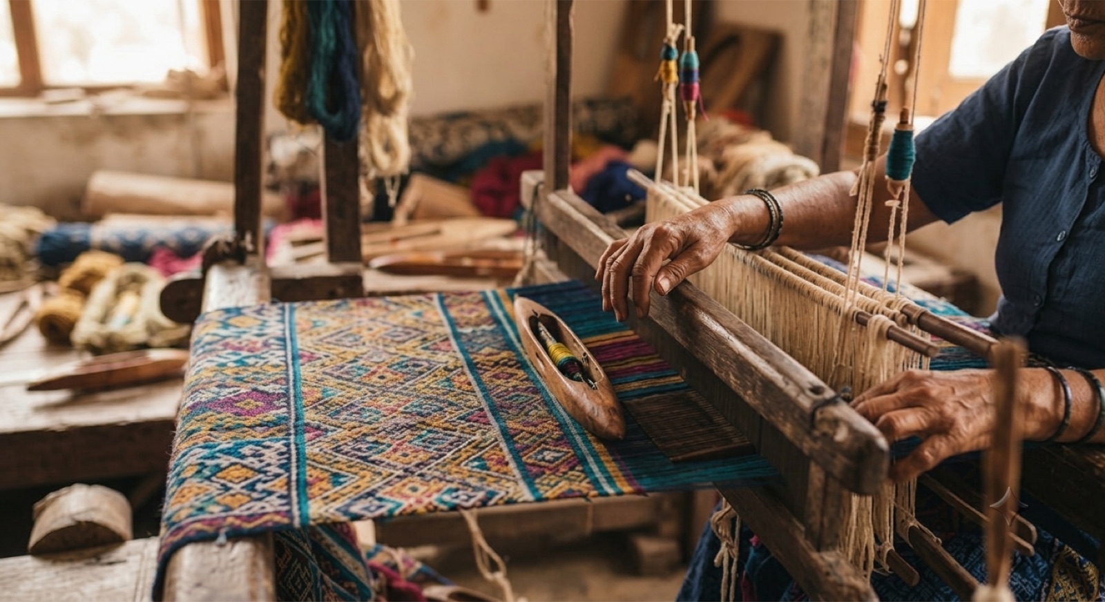 Artisan weaving a colorful patterned textile on a traditional loom