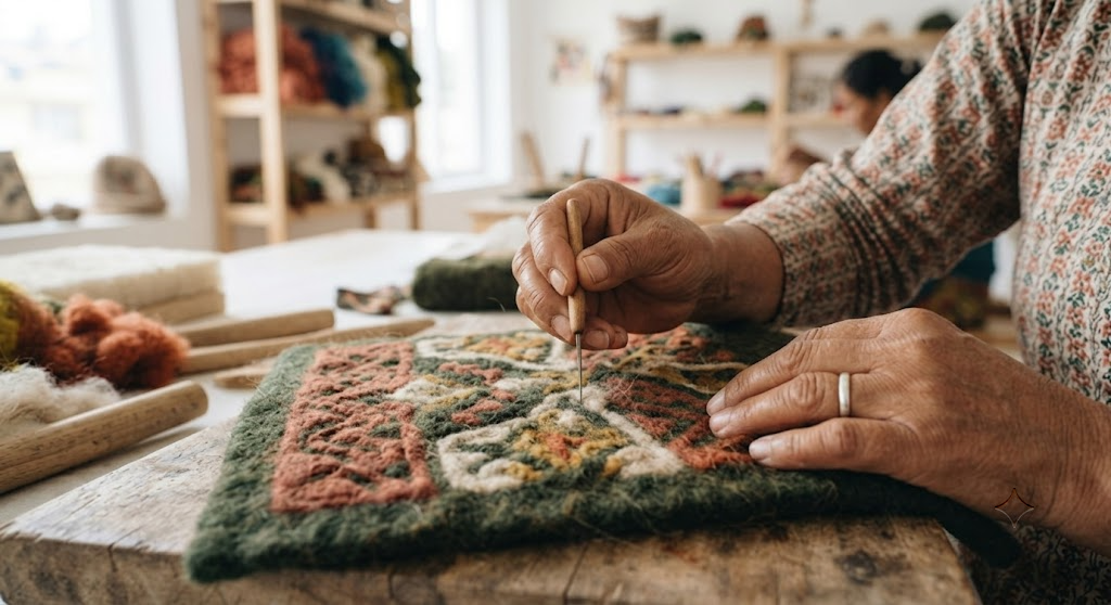 Artisan hand-felting a patterned wool rug with a needle