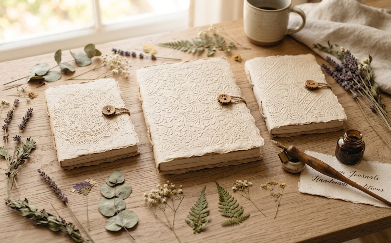 Handmade lokta paper journals with embossed covers and pressed flowers